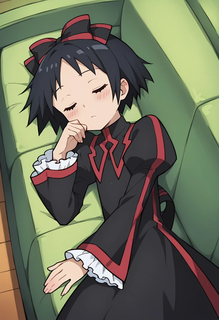 score_9, score_8_up, score_8, source_anime, 1girl, <lora:ChiyokoKurotori:0.85> flat chest, short hair, black hair, bow, hair bow, black dress, ribbon, lookin at viewer, blush, sleeping, lying on side, hand on face, frilly sleeves,
couch, room background,