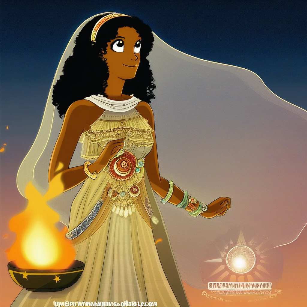 sandals, bracelet, web address, flame goddess, torch, looking up, lineart, jewelry, bare shoulders, cape, sky, upper body, black hair, signature, smile, wavy hair, breasts, hairband, veil, see-through, dark-skinned female, sole female, watermark, star (sky), dress, bowl, curly hair, flower