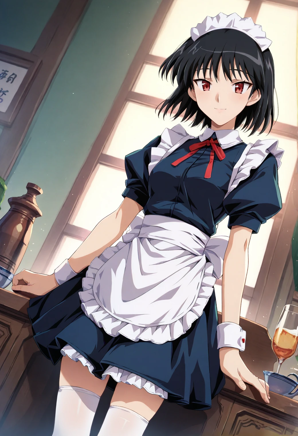1girl, <lora:tsukamoto_yakumo_ponyxl_DoRA_v4:1>, tyakumo, red eyes, black hair, medium hair, bob cut, smile,
maid, blue dress, maid apron, maid headdress, red neck ribbon, puffy short sleeves, white wristband, white thighhighs,
dutch angle,
score_9, score_8_up, score_7_up, score_6_up, anime coloring