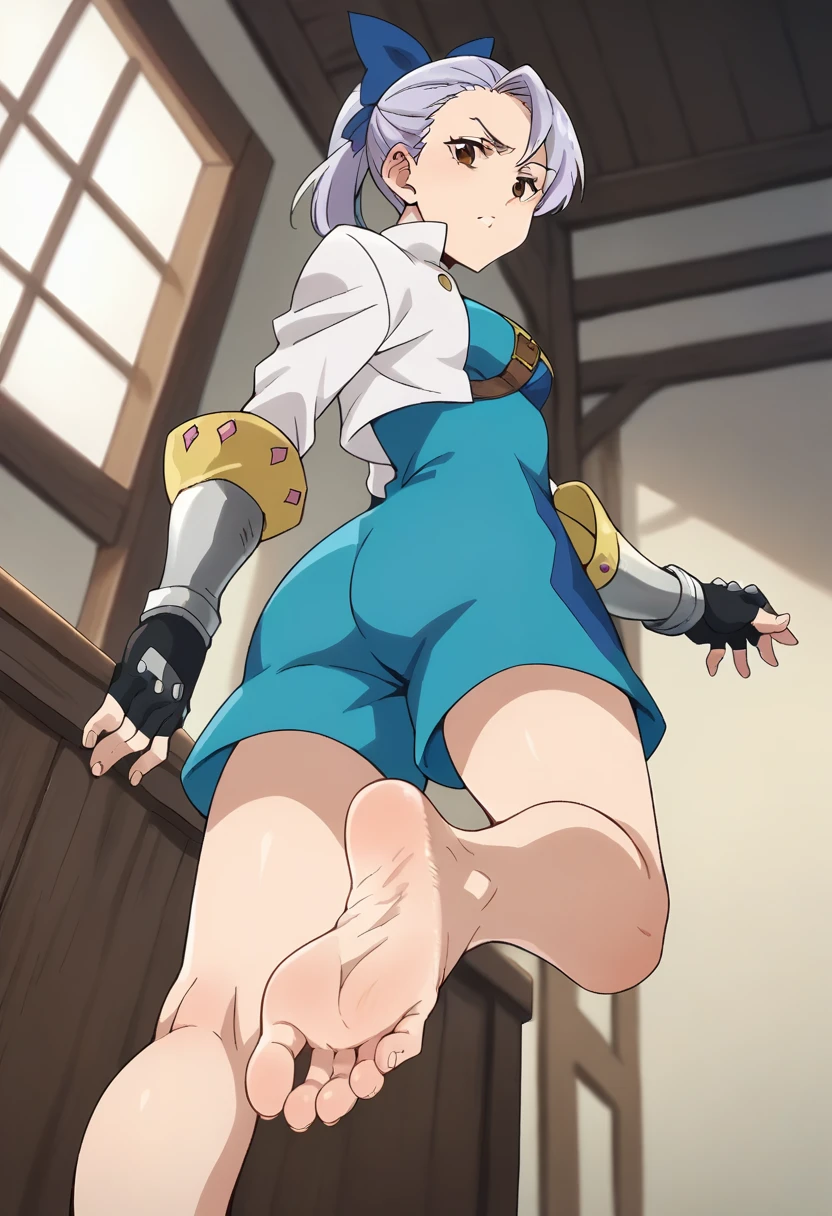 score_9, score_8_up, score_7_up, source_anime, masterpiece, jericho7, 1girl, lavender hair, hair bow, brown eyes, cropped jacket, blue dress, gauntlets, fingerless gloves, barefoot, feet, soles, from below, looking at viewer, indoors, <lora:JerichoPonyXL:0.8>,