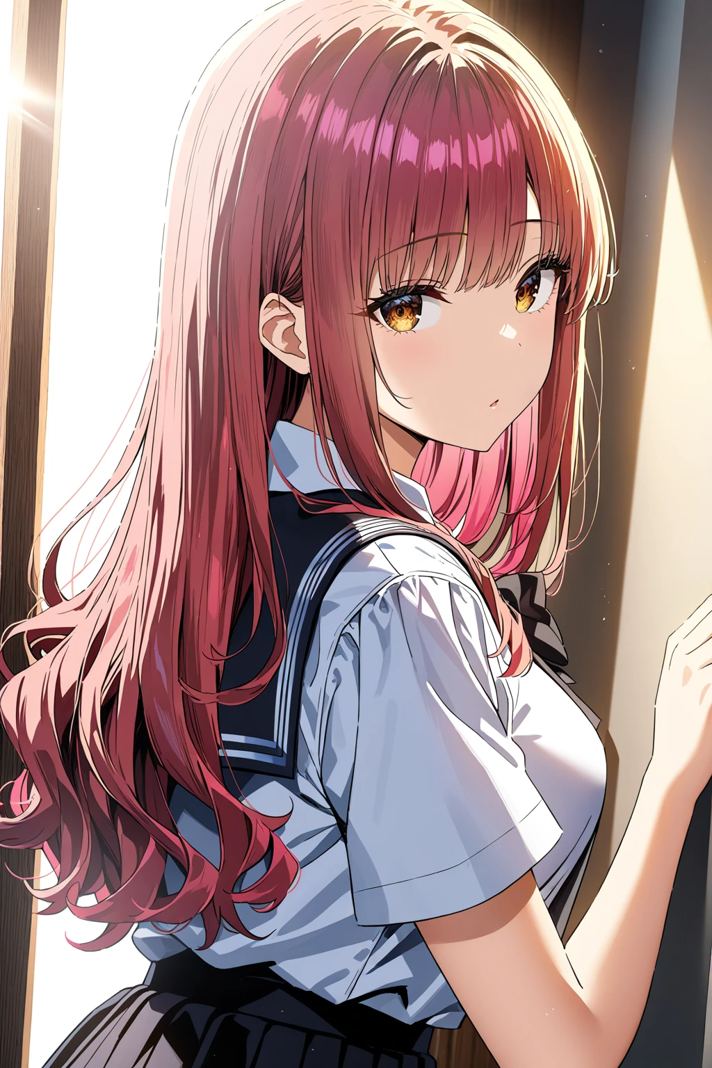 16k, 8k, 4k,
best quality, extremely detailed fine touch, hyper detailed, highly detailed, top quality, extreme quality, ultra details, absurdres, masterpiece, amazing details, beautiful illustration, detailed face,
source_anime, digital painting, anime,
very aesthetic, natural light, sun light, light rays, dappled light, reflection, shadows, ray tracing, soft lighting,
bright colors, vivid colors, hdr, volumetric lighting,
<lora:kaori2(sdxl):1> kaori, 1girl, long hair, pink hair, bangs, brown eyes, looking at viewer, school uniform, black bow, black pleated skirt, white collared shirt tucked in,
