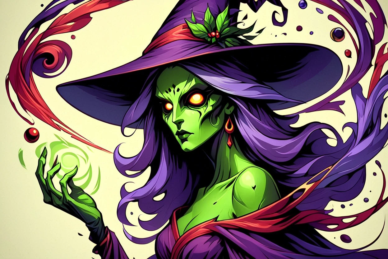 1girl, solo, <lora:Gruntilda_Anime:0.8>, Gruntilda, green skin, long black hair, black dress, red eyes, witch hat, evil smile, dungeon, big cauldron, <lora:add_detail:0.7>,