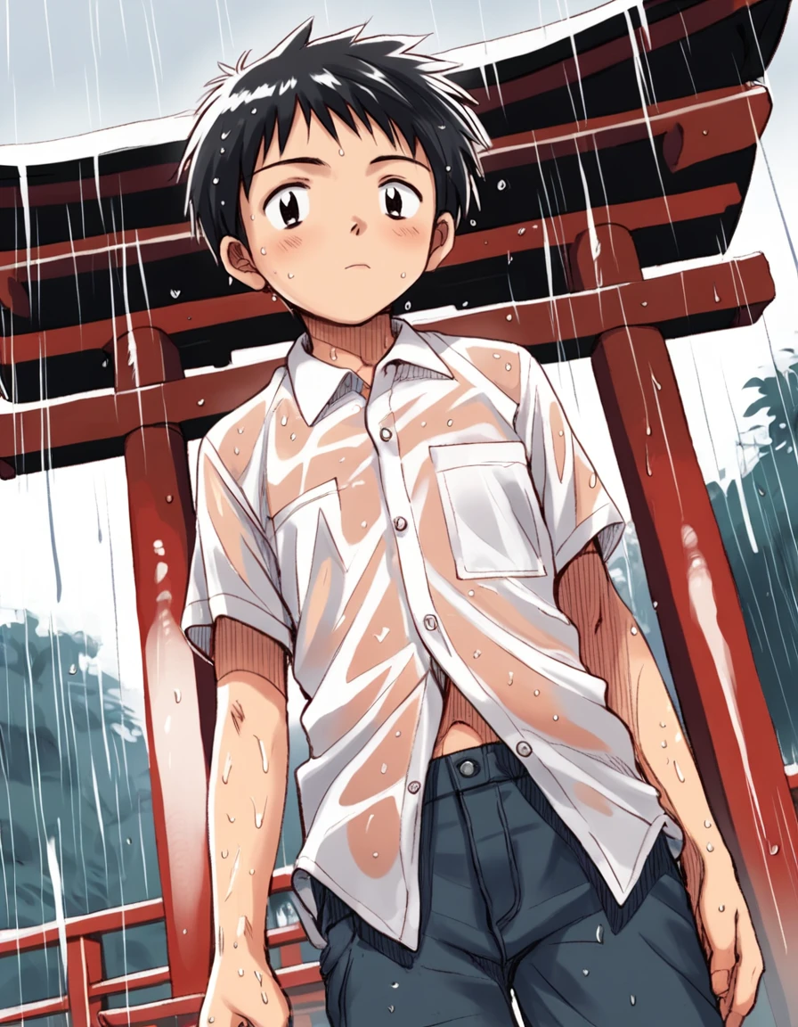 score_9, score_8_up, score_7_up, score_6_up, source_anime, sketch, outdoors, wooden shrine, old building, rain, overcast, under awning, dutch angle, 1boy, solo, young, standing, looking at viewer, white shirt, pants, wet clothes <lora:boys_factoryXL_AMXL_v3b:0.9>