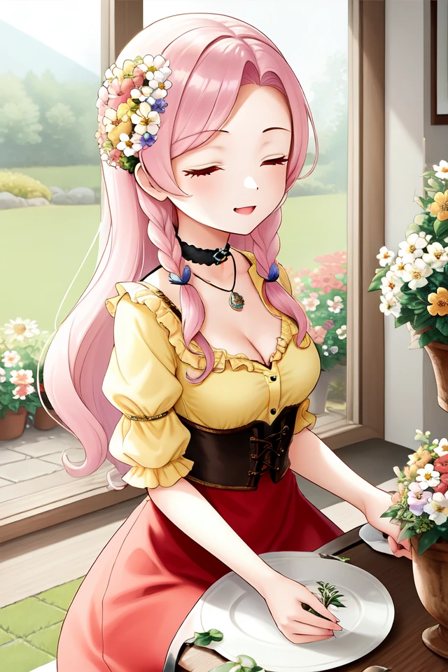 1 girl, indoors, ((flowers)), 
 <lora:Harvest_Moon_Hero_of_Leaf_Valley_-_Lyla:0.4> holvlyla, pink hair, long hair, wavy hair, braid, sidelocks, hair flower, closed eyes,
choker, pendant, yellow blouse, cleavage, puffy sleeves, short sleeves, corset, apron, red skirt, long skirt, floral pattern,