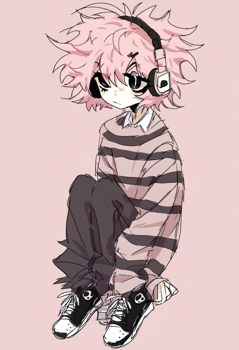 1girl, messy hair,  black pupils,sketchy lines, grunge, half body, sweater, shirt, pants, shoes, headphones,  pink hair , whole body