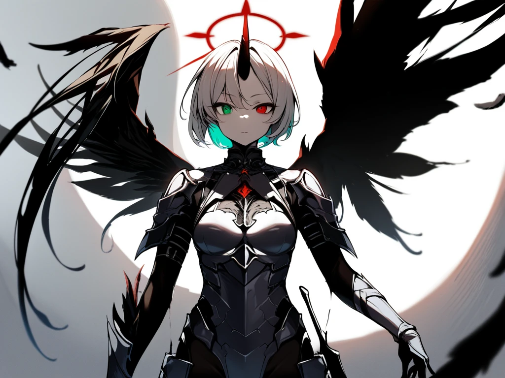 masterpiece,great,best,split theme,1girl,solo,cowboy shot,looking at viewer,outdoors,black wings,white wings,shadow,upper body,asymmetrical wings,broken halo,side horn,heterochromia,red eyes,green eyes,armor, contrast composition, cowboy shot,