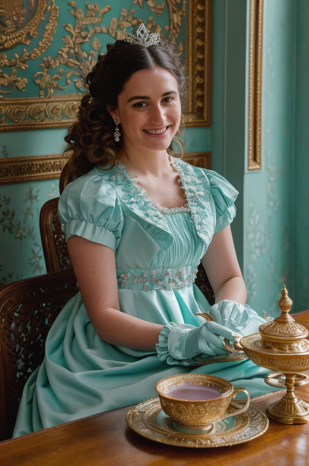RAW photo, subject, 8k uhd, dslr, soft lighting, high quality, film grain, Fujifilm XT3, professional photo, (detailed skin:1.3), high quality, woman sitting at a beautiful ornate table next to a window drinking tea, table decor, beautiful wallpaper, wooden panels on the walls, dress with lots of fabric layers, hair ornament, wavy hair, expressive gaze, looking just beyond the camera, {smiling just slightly:0.6}, solo focus, <lora:Bridgerton_Dresses:0.62> , bridgerton dress, empire waist, bridgerton clothing, gloves, pastel colors, limited palette, light purple, light turquoise, pastel teal, aqua, hard shadows, lavender dress,