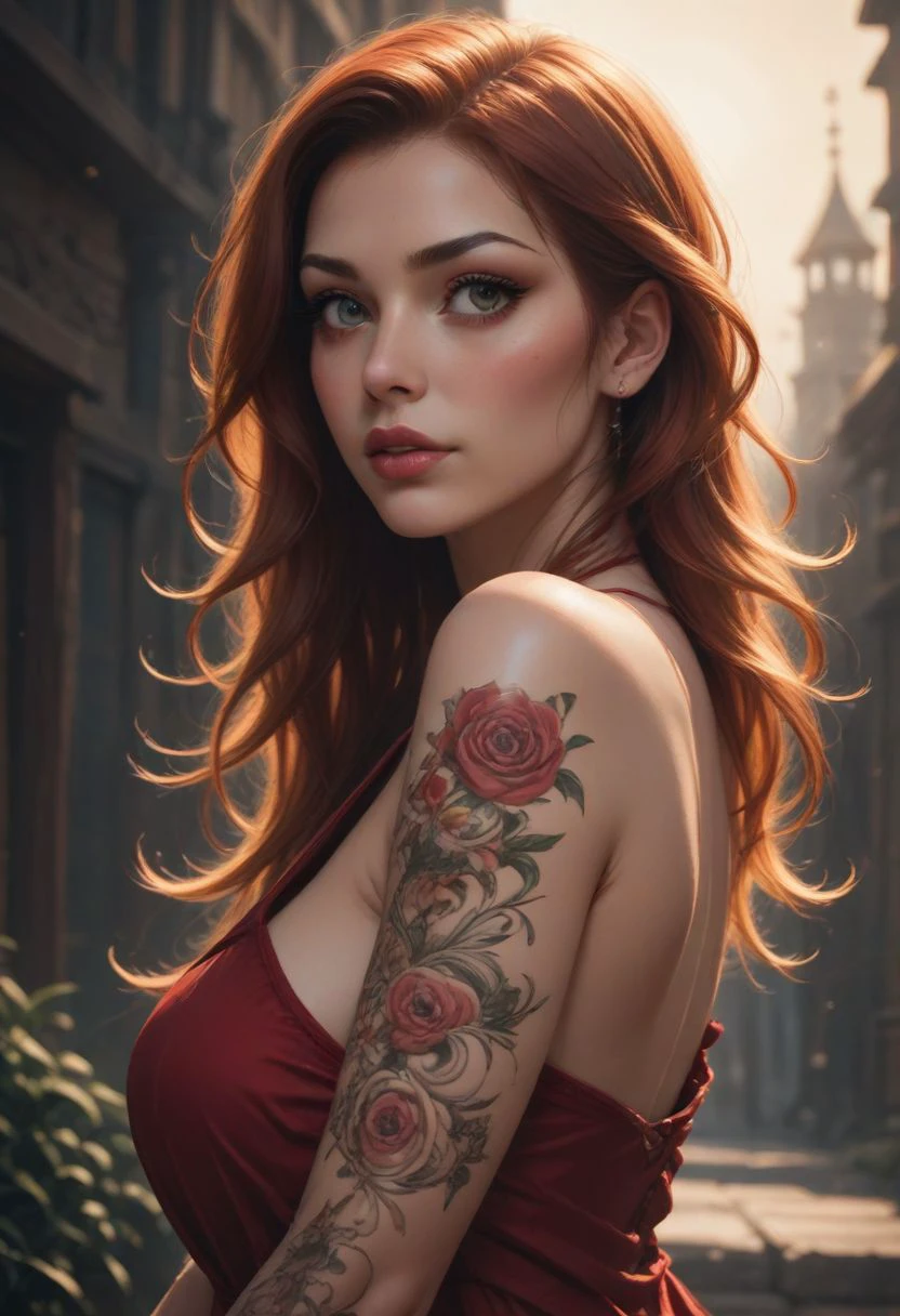 score_9, score_8_up, score_7_up, score_6_up, realistic, full color, volumetric lighting, depth of field, golden hour, Smooth, red dress, tattoo, jewelry 
View from side