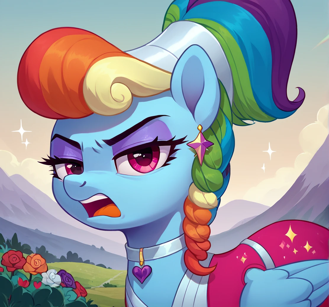 score_9, score_8_up, score_7_up, solo, source_anime, 8k, absurdres, pony, (rainbow dash:1.1),(eyeshadow:1.3),  (sparkle's seven:1.3), 
bustier, (decorated bustier:1.3), looking at you, landscape, dress, pouting, annoyed, tongue out, open mouth,
choker, collar, straps, fishnets, <lora:Rainbow_dash_tall_hairdo:0.9>