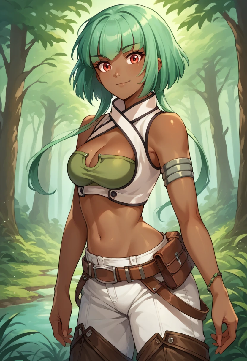 score_9, score_8_up, source_anime, 1girl, solo, EmeraldSustrai, dark skin, short hair with long locks, green bustier, white vest, criss-cross halter, cleavage, armlet, midriff, white pants, brown belt, leather legwear, brown legwear, outdoors, forest, smile, <lora:ChamEmeraldSustraiPonyXL:1>