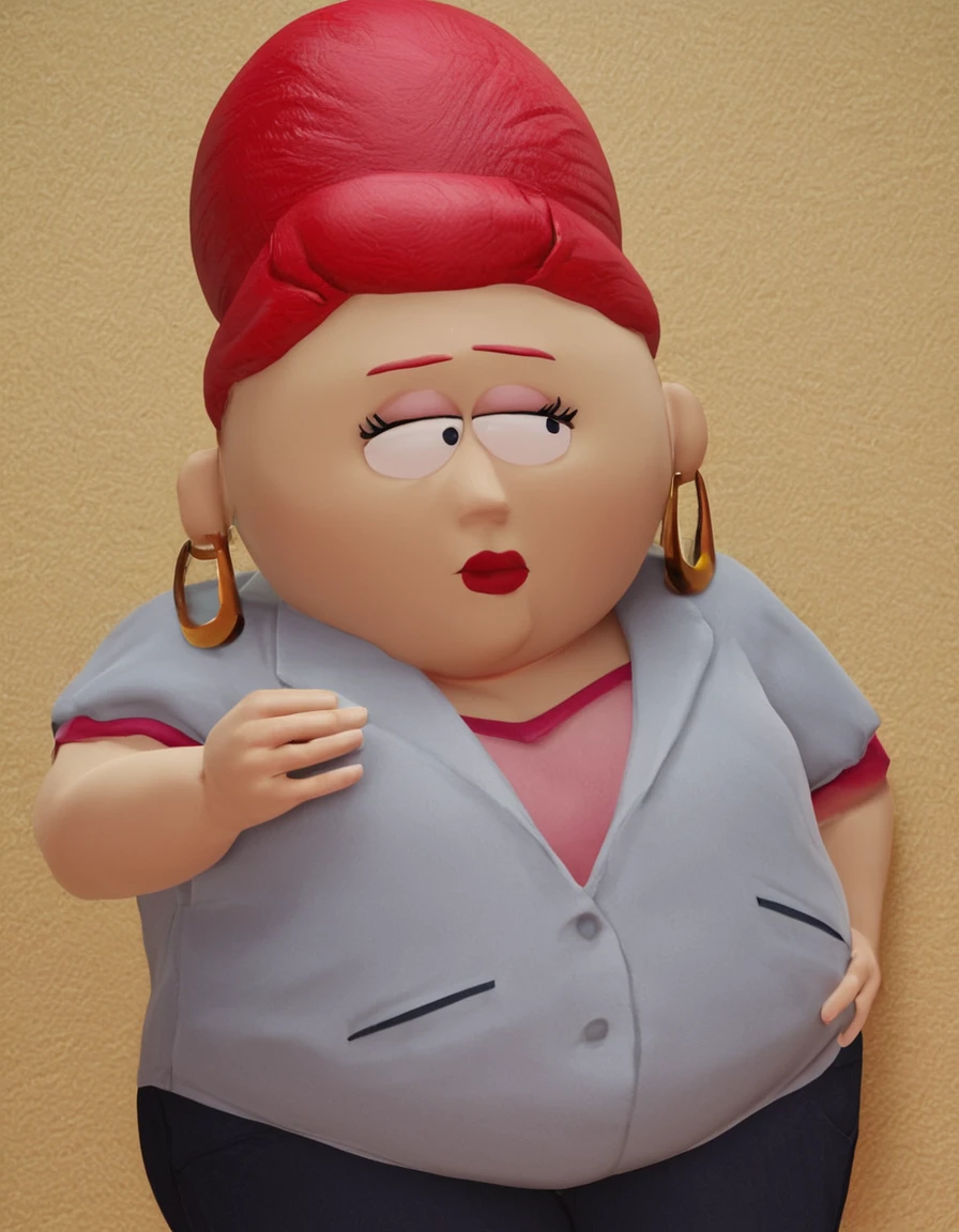 <lora:sheilabroflovskiPonyXL:1> sheilabroflovski, earrings, red hair, jewelry, 1girl, parody, fat, single hair bun, hoop earrings, lipstick, hair bun, black pupils, ( zPDXL BREAK , score_9, score_8_up, score_7_up:1)