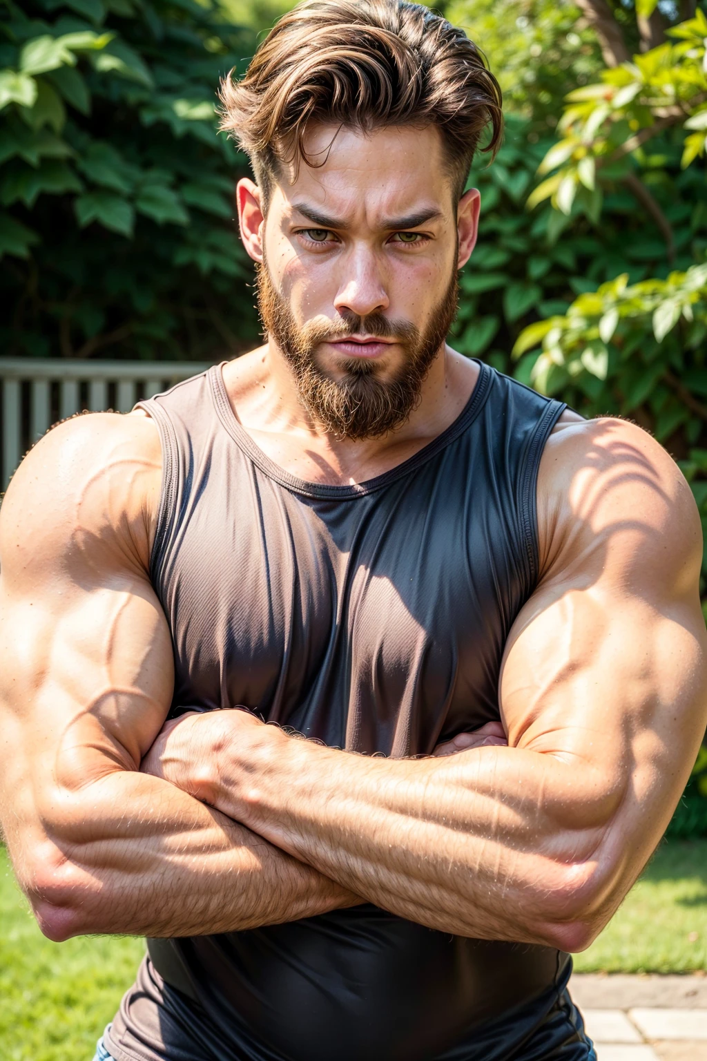 bconor, looking at you, beard, brown hair, muscular, (shirt), (sleeveless shirt), sweaty, (crossed arms), daylight, garden, big biceps, large pectorals, wide shoulders <lora:more_details:0.8>, <lora:Ben_Conor:0.8>