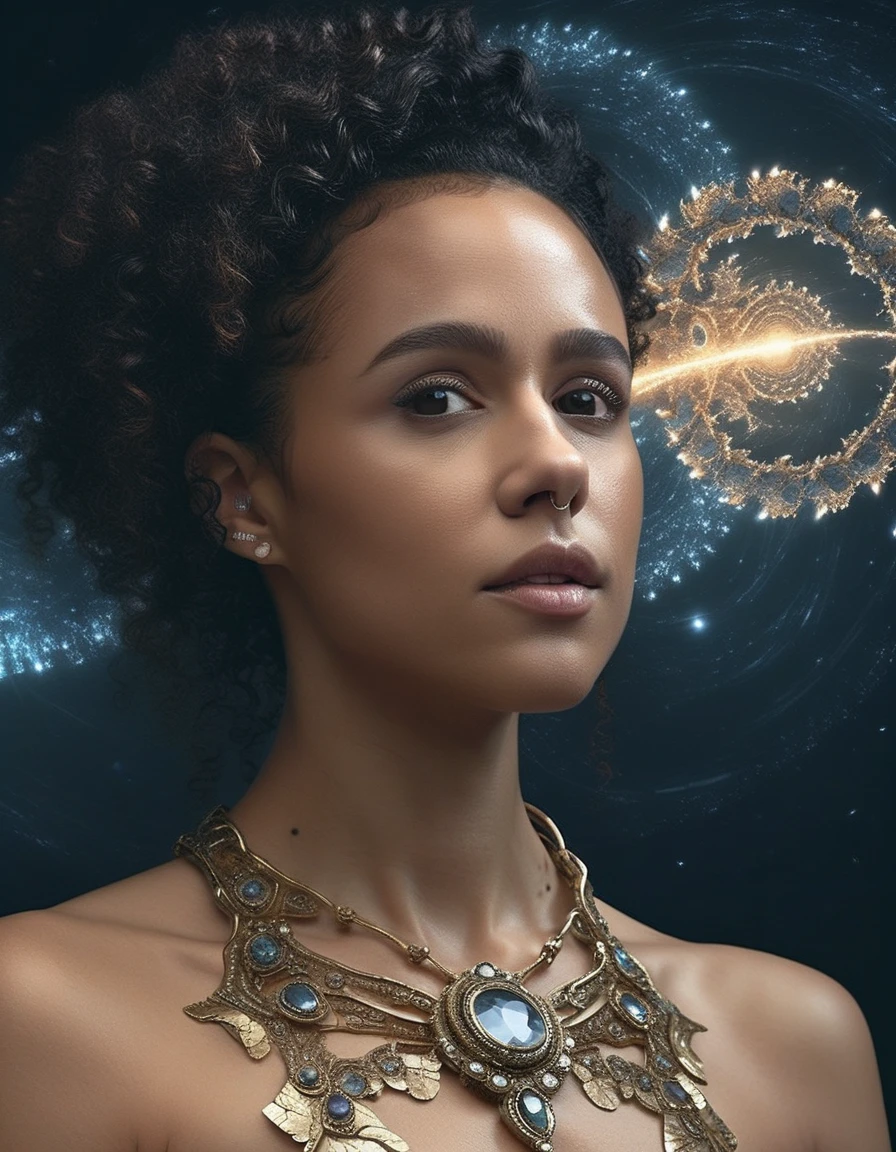 <lora:Nathalie Emmanuel:1.0>, nthlemmnlmssdr woman, ((masterpiece, top quality, best quality, official art, beautiful and aesthetic:, fractal art)), 1girl, beautiful, high detailed,  dark lighting, serious face, looking the sky, sky, medium shot, swirling night vortex, surreal,  black sweater, jewelry, masterpiece, best quality,