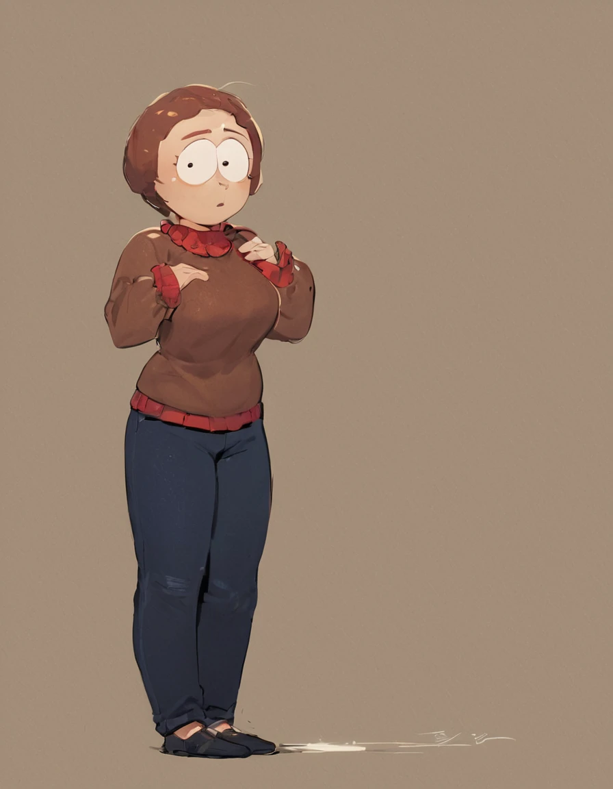 <lora:Sharon_Marsh_PonyXL:1> sharonmarsh, brown hair, 1girl, short hair, round head, big eyes, body, full body, brown sweater, pants, mature female, ( zPDXL BREAK , score_9, score_8_up, score_7_up:1)