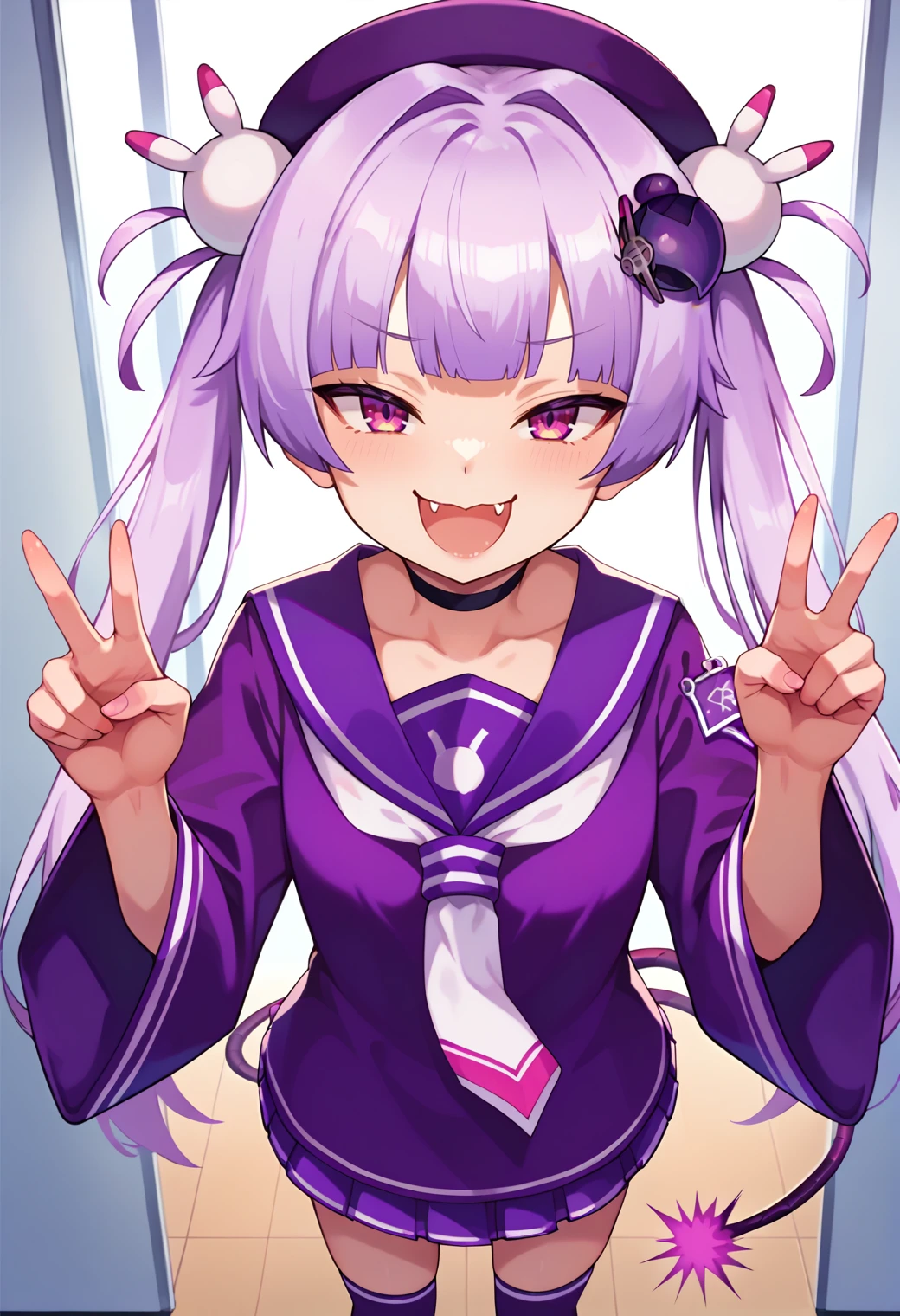 score_9, score_8_up, score_7_up, hd, (ultra hd quality details), indoors,
(masterpiece, best quality), fcDetailPortrait, solo, 1girl, daakubombase, twintails, hair ornament, fang,
hat, choker, purple school uniform, purple shirt, long shirt, wide sleeves, skirt, tail, purple socks,
looking at viewer, smile,
standing, from above, v,
<lora:_dark_bombergirl-elesicov1:1>