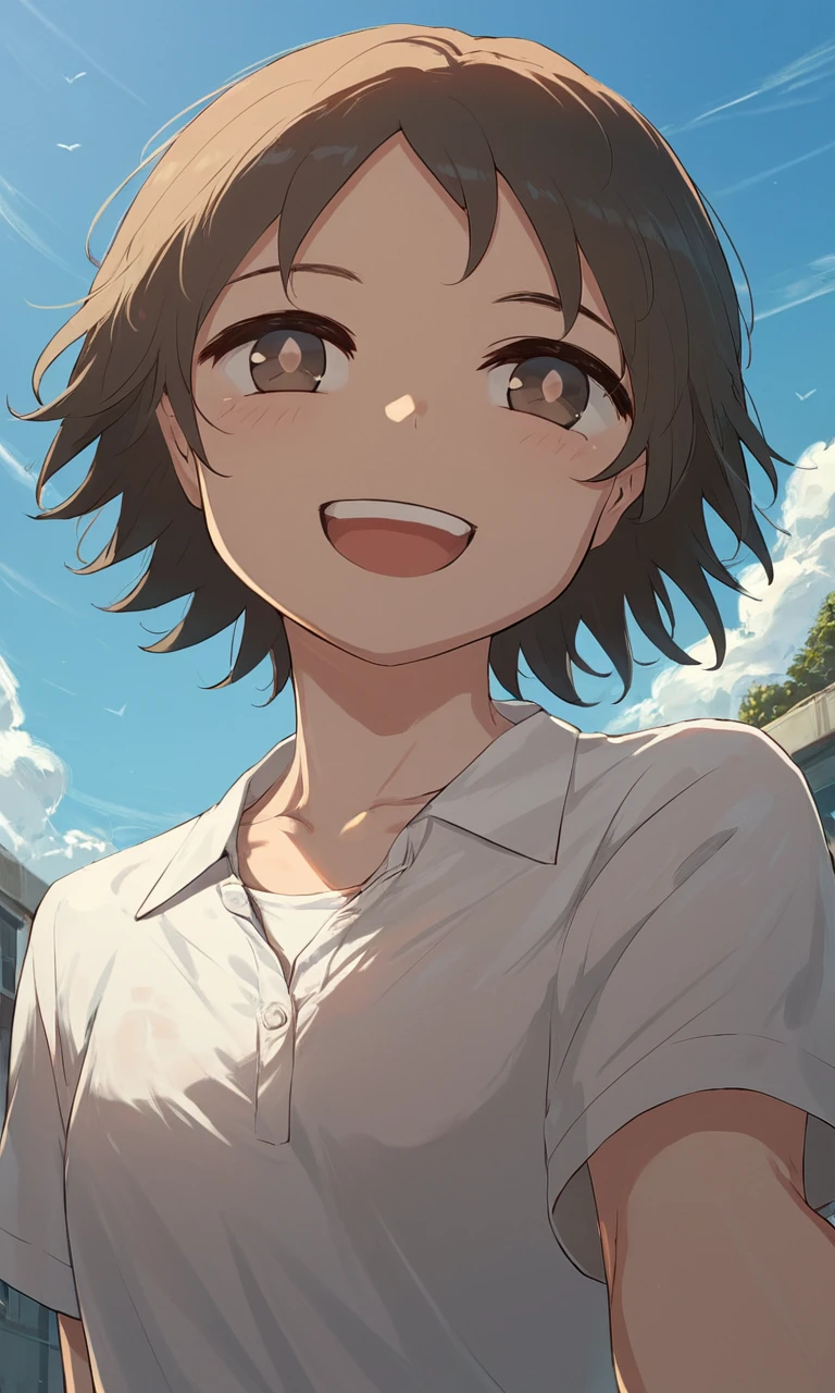 score_9, score_8_up, score_7_up, score_6_up, score_5_up, score_4_up, avogado6 style , open mouth, solo focus, short hair, 1girl, smile, shirt, white shirt, looking at viewer, :d, sky, outdoors
