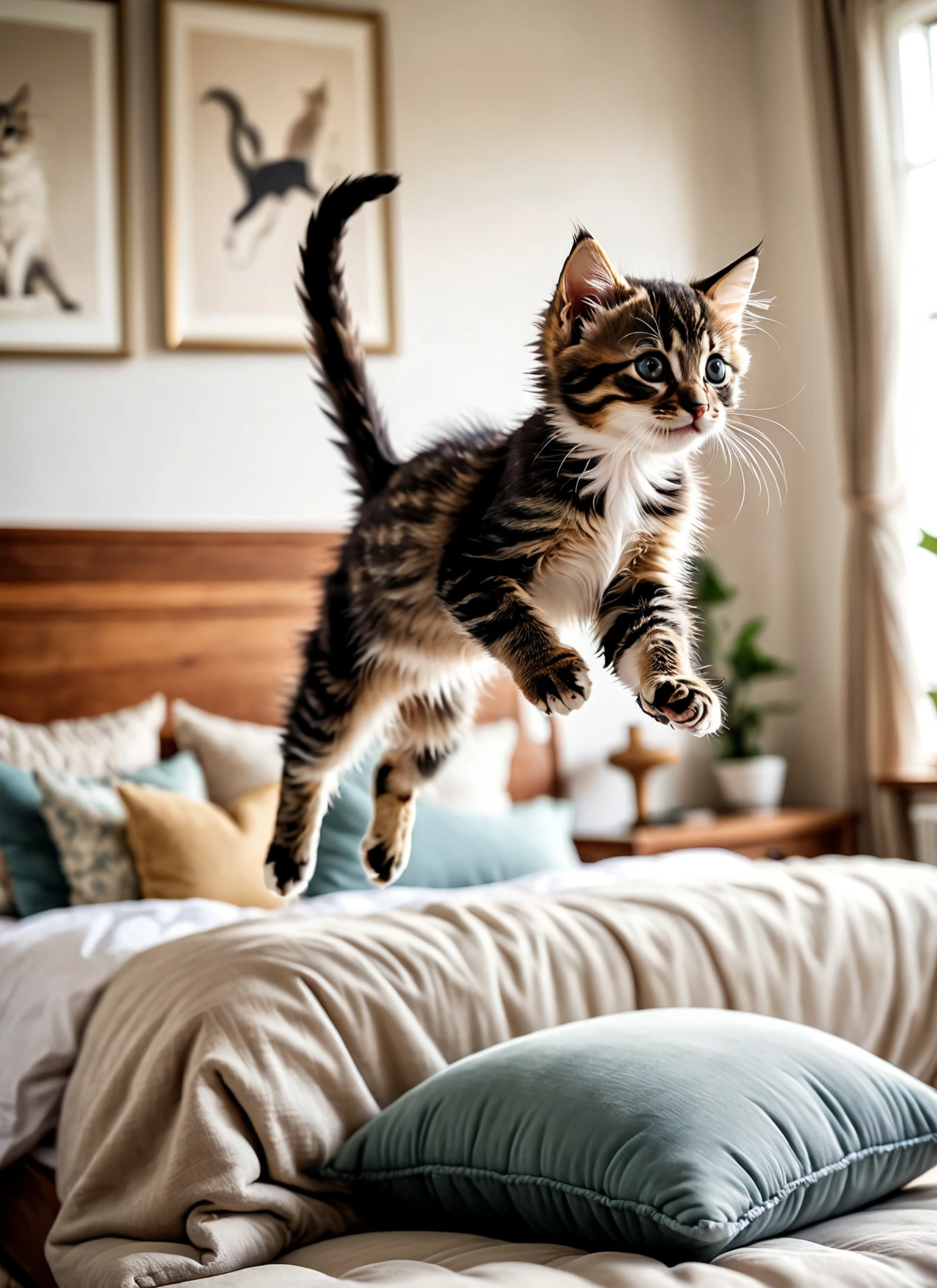 Close-up realistic photo, (Playful kitten leaping off bed:1.2), realistic slow motion shot, Unusual viewpoint, Furry landing, Elegant jump, (Soft cushions:1.3), Light-filled room, Tasteful decor, Soft shadows