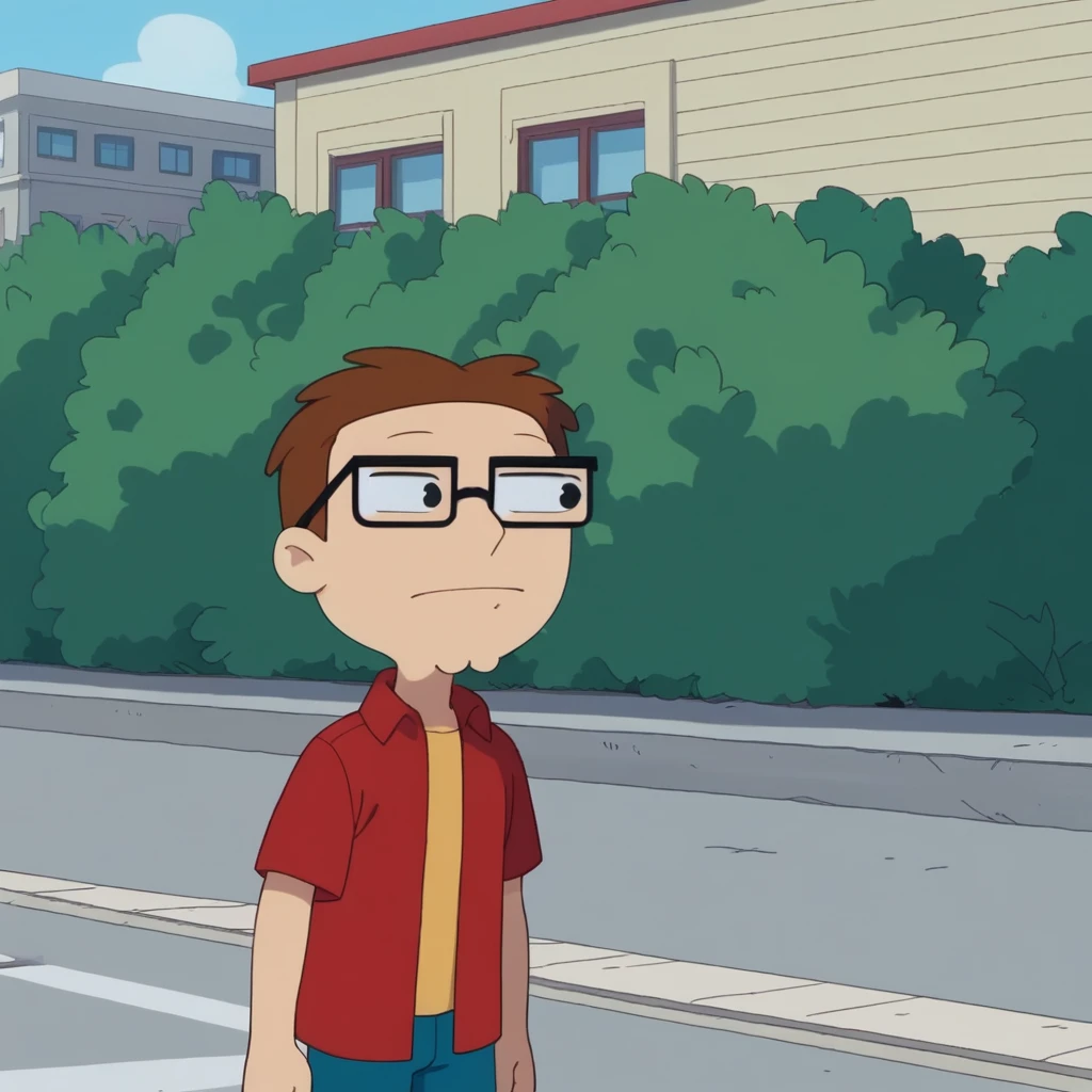 score_8_up, BREAK, Steve smith, 1boy, solo, black eyes, glasses, red shirt, yellow shirt, <lora:SteveSmith_PXL_Leaf2:1>, cowboy shot, outdoors,