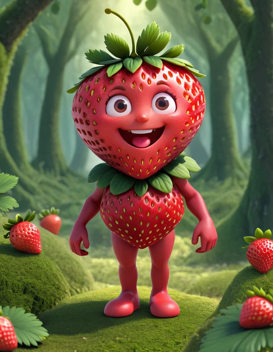 strwbrrxl, full body, a close up of a cartoon strawberry with a big smile with eyes and arms and legs in magical forest, fantasy forest background, fairy fruit. octane render, cute 3 d render, strawberry fields forever, 3 d render stylized, stylized 3 d, stylized 3d render, toon render keyshot, stylized as a 3d render, promotional render, adorable digital painting, strawberries
