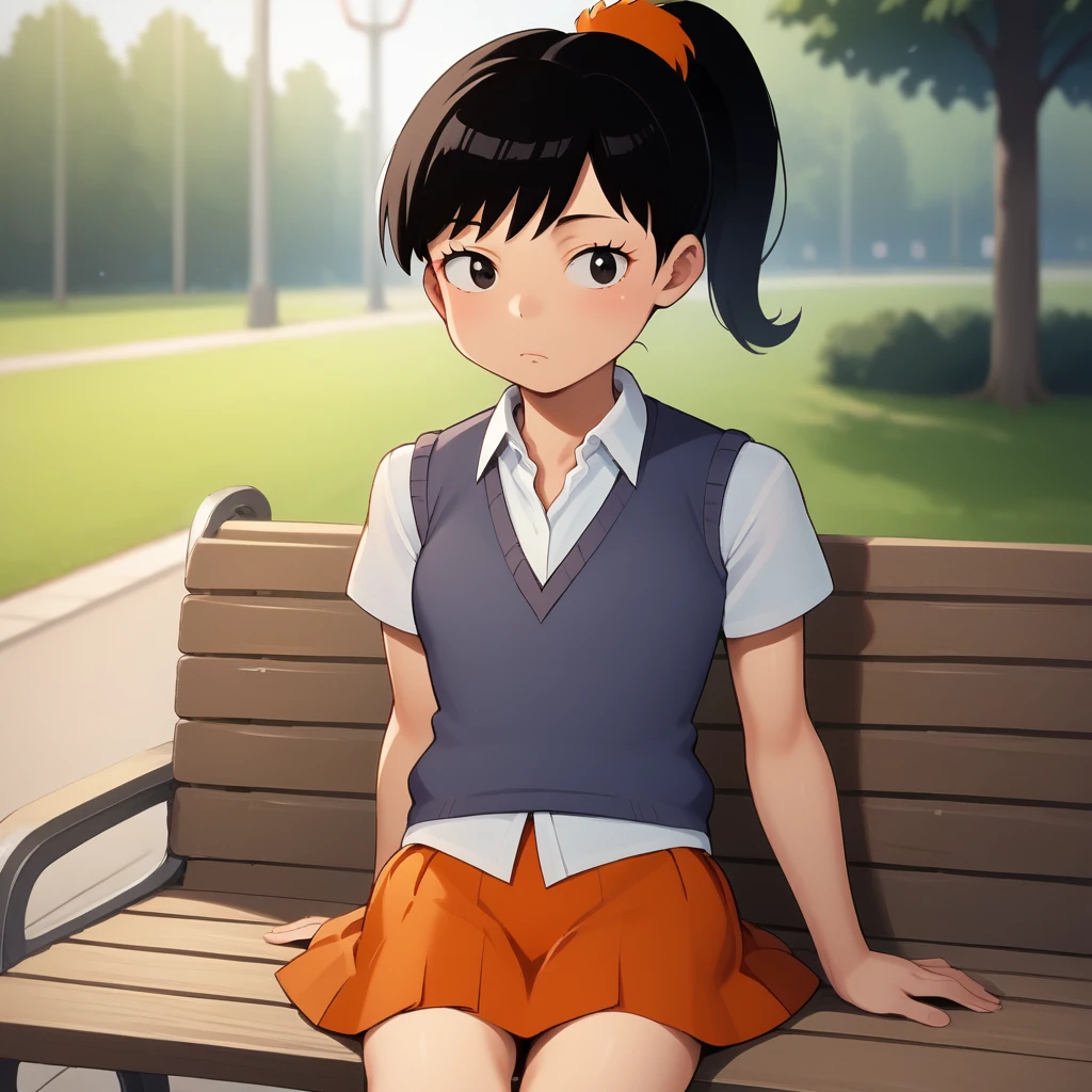 score_7_up, BREAK, source_cartoon, Akiko Yoshida, 1girl,  solo, black hair, ponytail, <lora:Akiko_Yoshida_PXL_Leaf2:1> , sweater vest, white shirt, school uniform, orange skirt, on bench, park, blurry background,