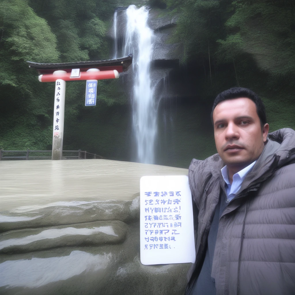 waterfall, pov, indoors, shrine, outdoors, photo background, jacket, sign, english text
