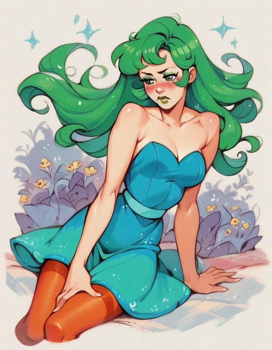 score_9, score_8_up, score_7_up, score_6_up, score_5_up, score_4_up, 1girl, long green hair, dress, bare shoulders, pantyhose, blush, makeup, hud_shera_bk_styl, retro artstyle, traditional media, <lora:shera-000007:0.8>,