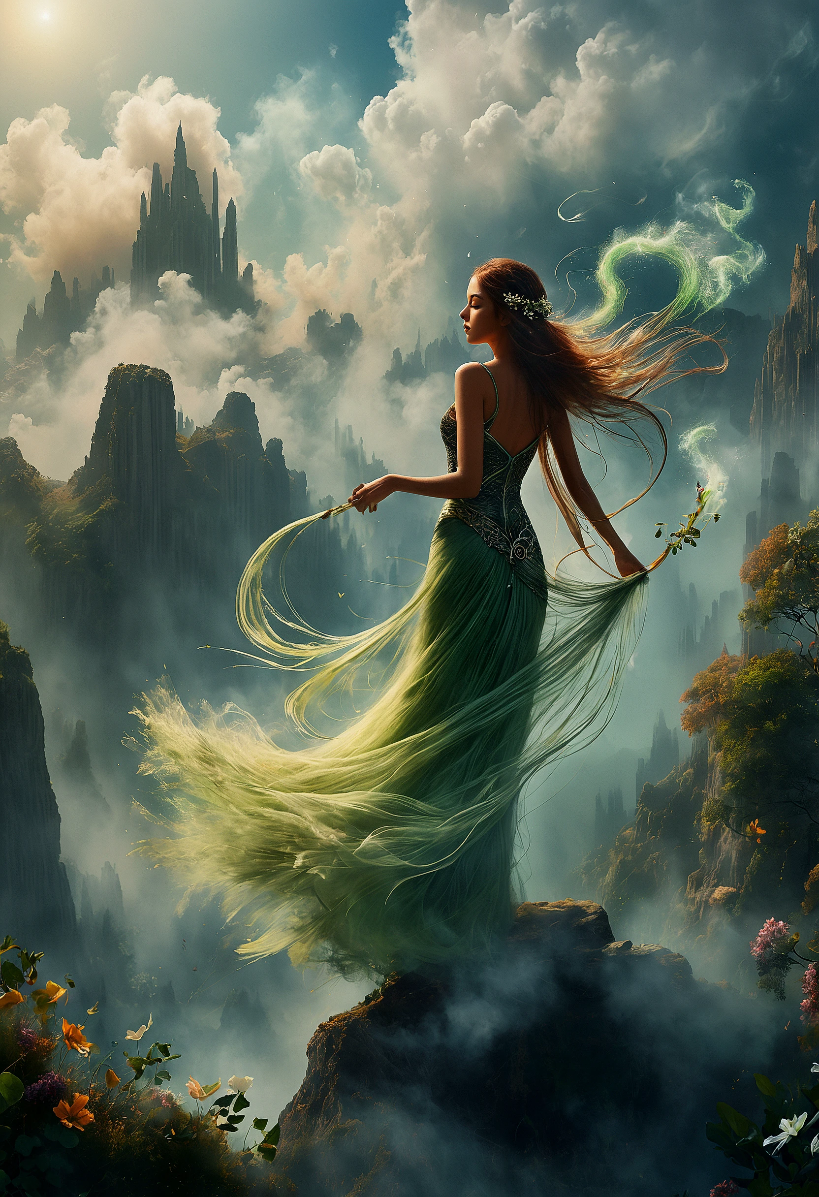 (((Dreamweaver's journey:1.8))), In the realm of ((ethereal landscapes:1.5)), a master ((dreamweaver:1.4)) skillfully weaves together the threads of reality, crafting a tapestry of wonder and magic. Tendrils of ((smoke:1.3))) curl upward like wisps of cloud, bearing whispers of ancient wisdom as the dreamweaver navigates the labyrinthine paths of their own subconscious. The air is heavy with the scent of ((incense and moonflowers:1.2))), as the dreamweaver's fingers dance across the fabric of dreams, birthing worlds anew from the threads of their own imagination