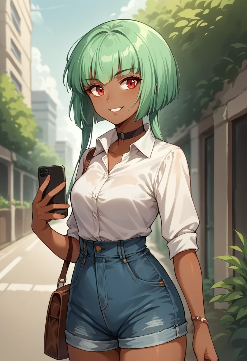 score_9, score_8_up, source_anime, 1girl, solo, EmeraldSustrai, dark skin, short hair with long locks, white shirt, dress shirt, black choker, holding cellphone, denim shorts, high-waist shorts, outdoors, smile, <lora:ChamEmeraldSustraiPonyXL:1>