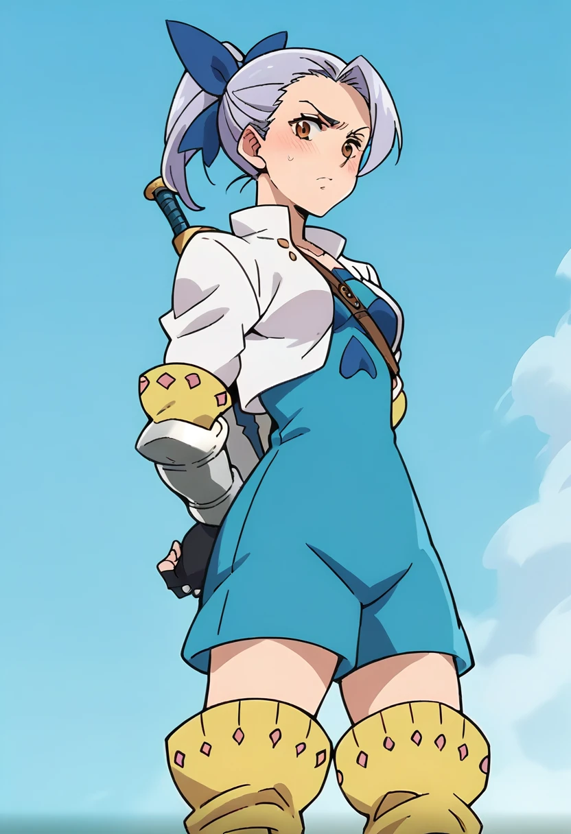 score_9, score_8_up, score_7_up, source_anime, masterpiece, jericho7, 1girl, lavender hair, hair bow, cropped jacket, blue dress, gauntlets, fingerless gloves, thigh boots, weapon on back, sky, blue sky, arms behind back, from below, blush, looking at viewer <lora:JerichoPonyXL:0.8>,