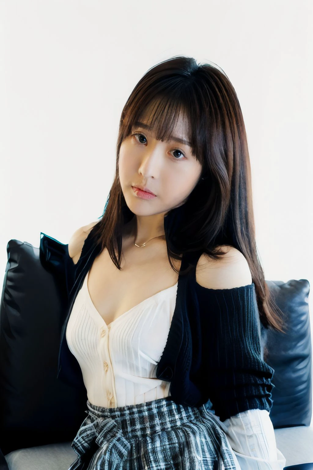 1girl, solo, medium breasts, looking at viewer, realistic, photorealistic, lips, brown hair, bare shoulders, black eyes, bangs, brown eyes, long hair, closed mouth, hyper detailed, super sharp, crisp, smooth, smooth gradients, depth of field, (in studio: 1.1), (white background: 1.1), <lora:evelyn_ely:1>, <lora:breastsizeslideroffset:-0.2>, <lora:skin_slider_v2_1_FACE:0.5>, <lora:add_detail_v5:1>, (black sweater, blouse, cardigan, cardigan around waist, clothes around waist, collared shirt, dress shirt, long sleeves, school uniform, shirt, shuuchiin academy school uniform, skirt, sweater, white shirt,), (sfw)
