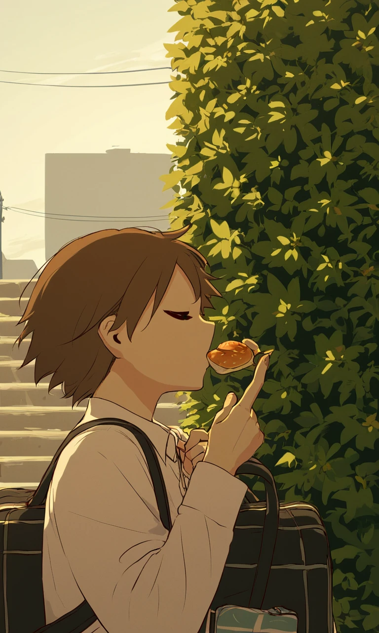 score_9, score_8_up, score_7_up, score_6_up, score_5_up, score_4_up, avogado6 style , food, 1boy, shirt, white shirt, solo, bag, holding, closed eyes, long sleeves, from side, brown hair, male focus, upper body, collared shirt, short hair, outdoors