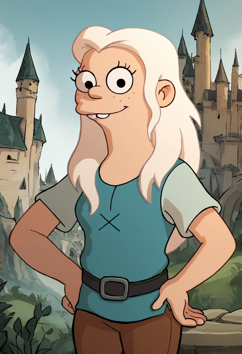 <lora:BeanPony2.0:1> tiabeanie, white hair, 1girl, long hair, buck teeth, solo, freckles, blue tunic, belt, brown pants, black eyes, looking at viewer,smile, hand on own hip, cowboy shot, score_9, score_8_up, score_7_up, score_6_up, score_5_up, score_4_up,castle,