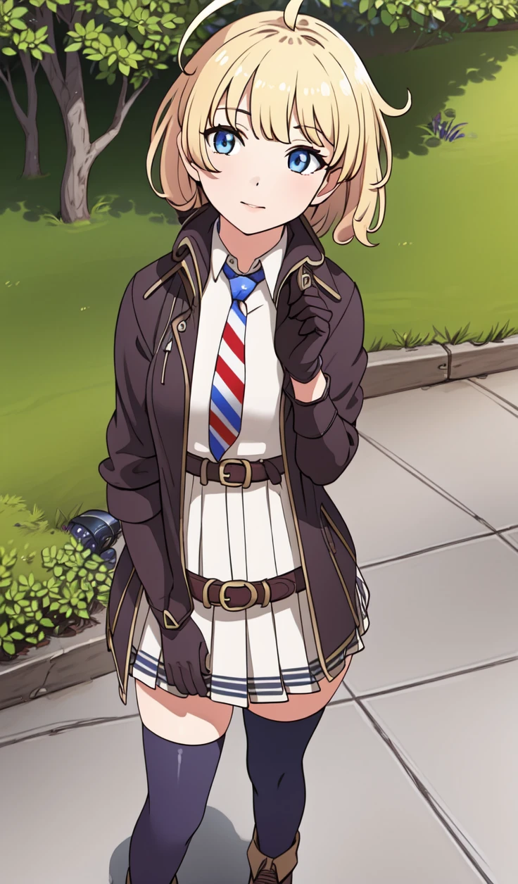 <lora:M1911_Girls_Frontline:1> m1911, american flag tie, blue_eyes, blonde_hair, short_hair, bangs, gloves, jacket, shirt, ahoge, pleated_skirt, belt, black footwear, thighhighs. stripped tie, standing, outdoor park setting, best quality, masterpiece, detailed, 8K, uhd, (extremely detailed CG unity 8k wallpaper),(masterpiece), (best quality), (ultra-detailed), (best illustration), detailed face, skin pores, detailed skin, detailed eyes, high quality eyes, good quality hands, high resolution, great anatomy
