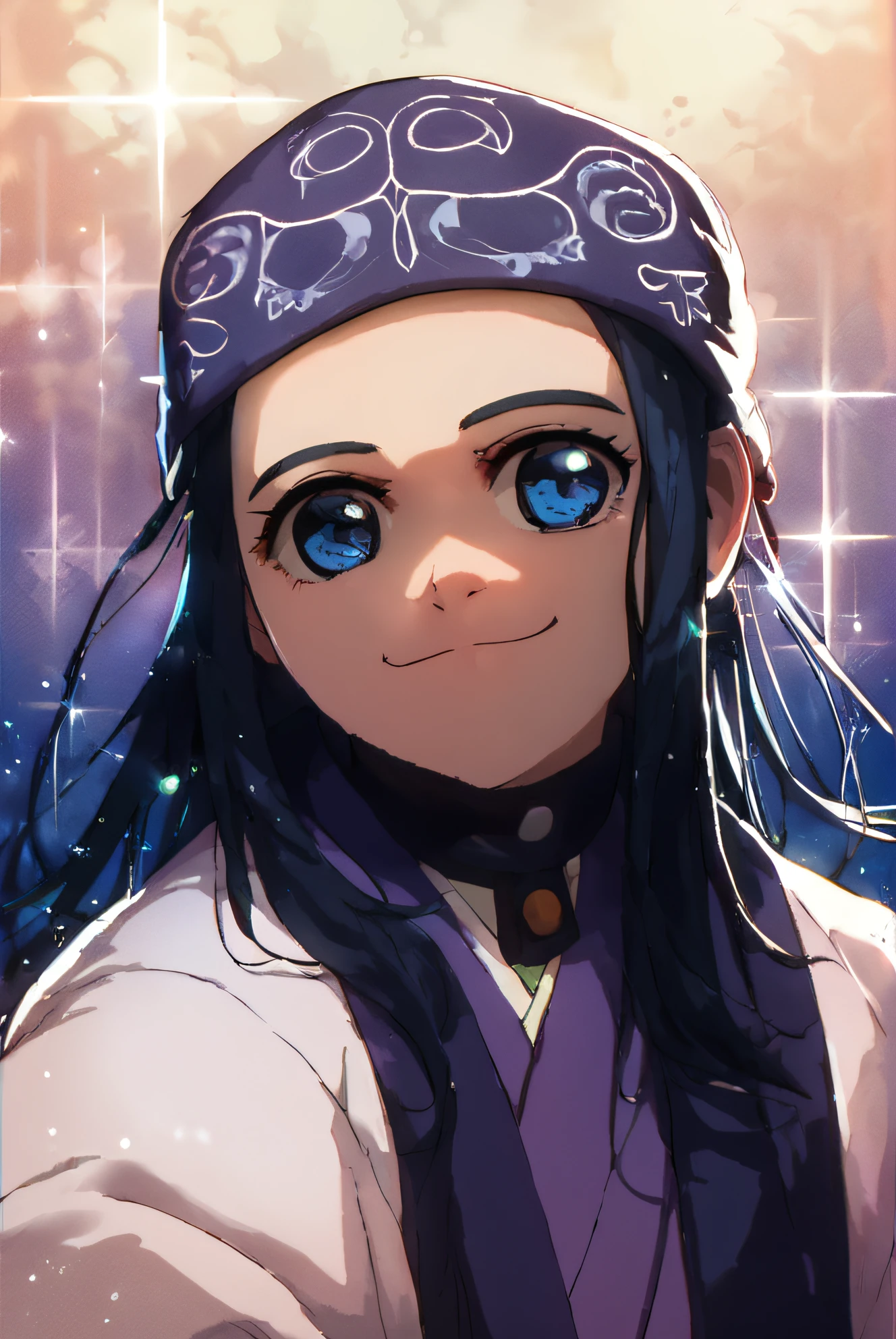 score_9,score_8_up,score_7_up,
asirpa, 1girl, solo, long hair, looking at viewer, smile, blue eyes, black hair, closed mouth, blue hair, sparkle, parody, close-up, bandana headband, ainu clothes, <lora:asirpa-10:1>