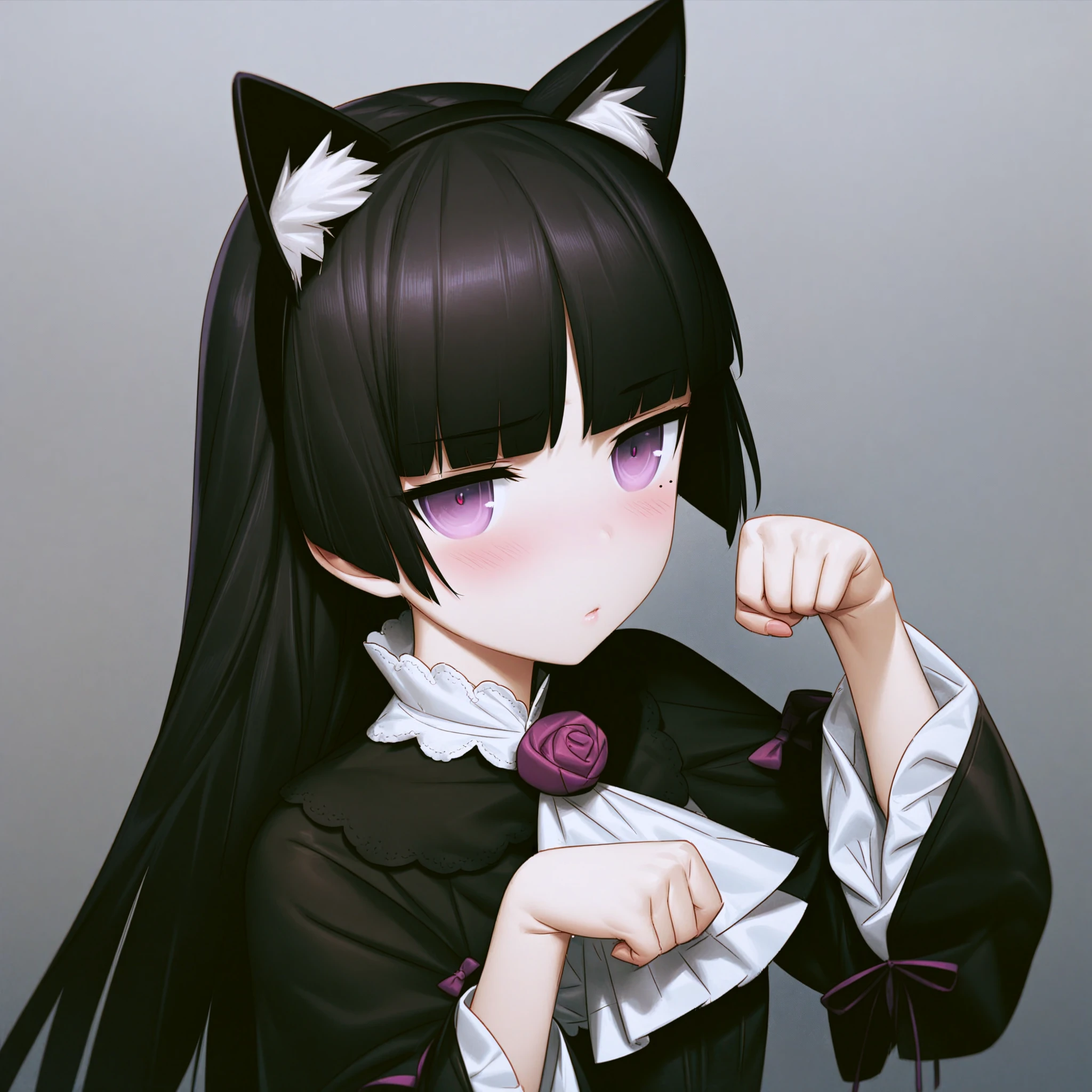 masterpiece, very aesthethic, extremely detailed, best quality, 1girl, gokou ruri, animal ears, long hair, solo, mole under eye, black hair, cat ears, paw pose, mole, purple eyes, dress, blush, black dress, hime cut, ((huke))