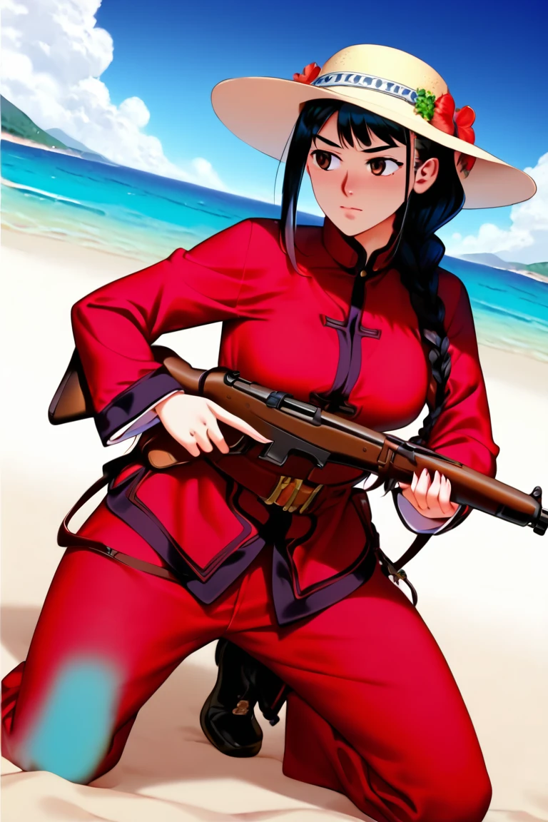 score_9,score_8_up,score_7_up,score_6_up,masterpiece,best quality,absurdres,high resolution,extremely detailed,zPDXL2,anime,game cg,1girl,solo,black hair,single braid,long hair,blush,military uniform,beiyanfleet,cowboy shot,solo focus,large breasts,<lora:Koume_Keito_PonyXL_dim32:1:lbw=1,0,0,0,1,1,0,1,1,1,1,1>,blue sky,cloud,ocean,beach,<lora:beiyangfleet-XLpony-v1:0.9:lbw=1,1,1,1,1,1,1,1,1,1,1,0>,belt,black footwear,hat,long sleeves,military uniform,pants,red pants, aiming rifle, half kneeling,uniform,weapon,short sword at waist,holding rifle,holding musket,gew88,hangyang rifle,bfmarine,marinehat,hat,leather ammo pouch,leather belt,bolt action rifle,