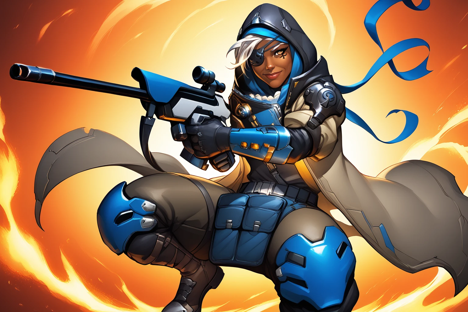 score_9, score_8_up, score_7_up, masterpiece, high quality
<lora:Ana Amari oldPonyLoRA:0.9>anamri, dark-skinned female, old woman, short hair, ponytail, hood, eyepatch, facial tattoo, hight collar, coat, top, zipper, gloves, grenades on bandolier, belt, belt pouch, armor, pants, knee pads, boots, holding sniper rifle in front, smile, <lora:Michael TurnerStylePonyLyco:1> mtms, firing, jumping back