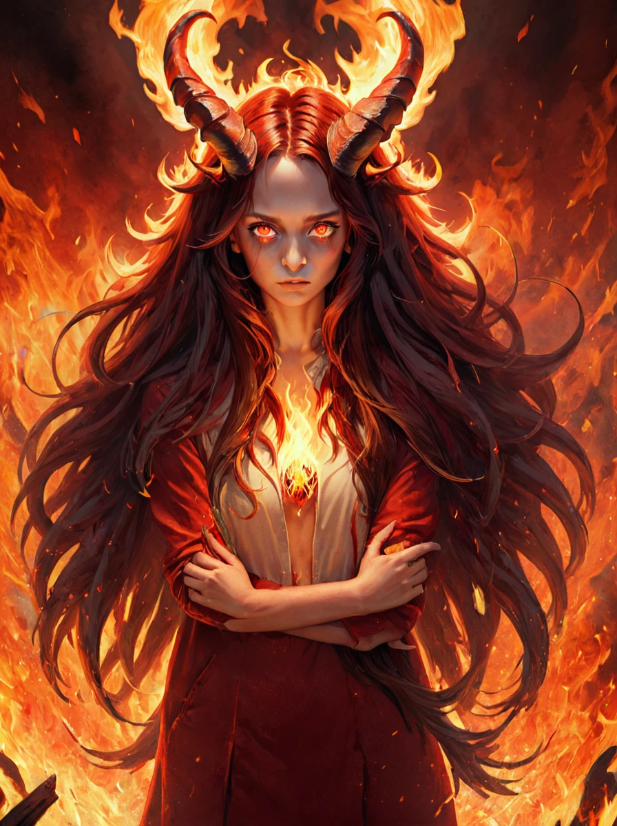 masterpiece,high resolution,detailed,
 <lora:fire_xl:0.8>,
firemode,, 1girl, solo, fire, horns, long hair, red eyes, phoenix