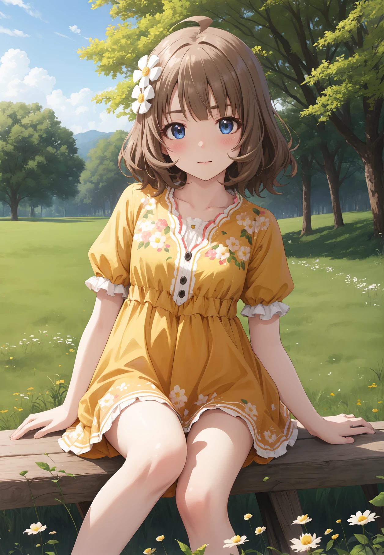 masterpiece, best quality, very aesthetic, ultra detailed, intricate details, 4k, anime style,
momokoso, 1girl, solo, blush, short hair, bangs, blue eyes, brown hair, hair ornament, ahoge, hair flower, v-shaped eyebrows, suou momoko,
long sleeves, ress, short sleeves, floral print, yellow dress, yellow sleeves, puffy short sleeves,
leaning back, head tilt, toe to toe, sitting, looking at viewer, outdoors, field, grass, forest, <lora:Momoko:1>,