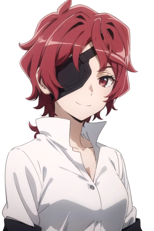 solo, 1girl, looking at viewer, 2D, anime, anime coloring, upper body, (simple background, solid white background:1.3), <lora:hephaestus-danmachi:0.7>, hephaestus, eyepatch, shirt, smile