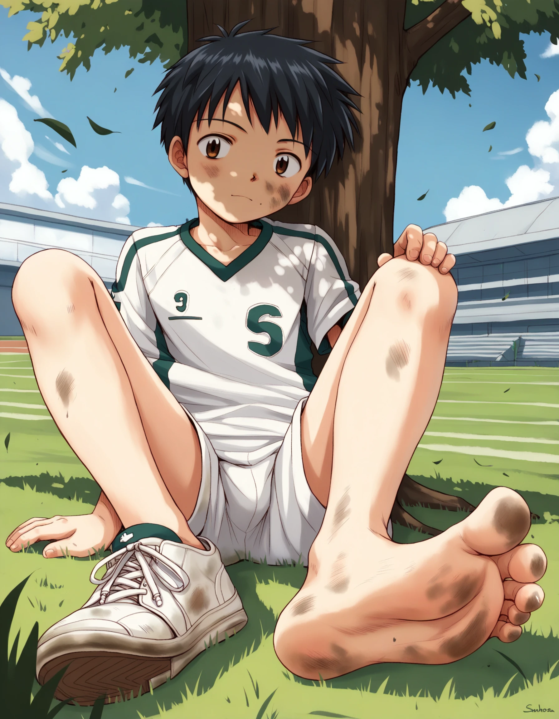 score_9, score_8_up, score_7_up, score_6_up, source_anime, outdoors, field, tree, shade, fisheye, foreshortening, 1boy, solo, young, sitting, foot focus, soccer uniform, dirty, taking off shoes, sneakers, looking at viewer, barefoot, sole <lora:boys_factoryXL_AMXL_v3b:0.9>