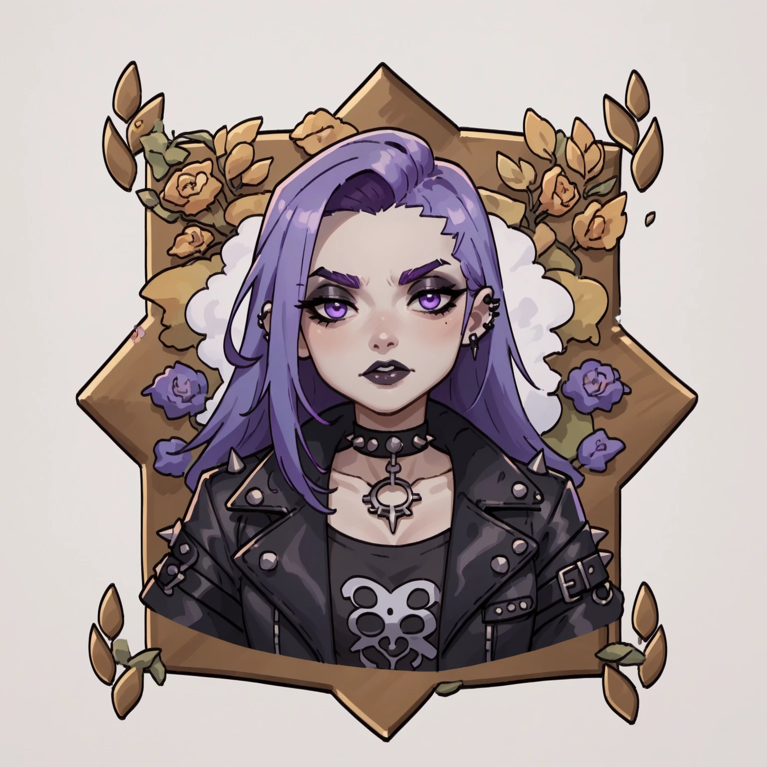 score_9, score_8_up, score_7_up, score_6_up, score_5_up, 1girl, chibiIcon, <lora:hadesChibiIconsPony:1>, 1girl, goth, purple hair, leather jacket