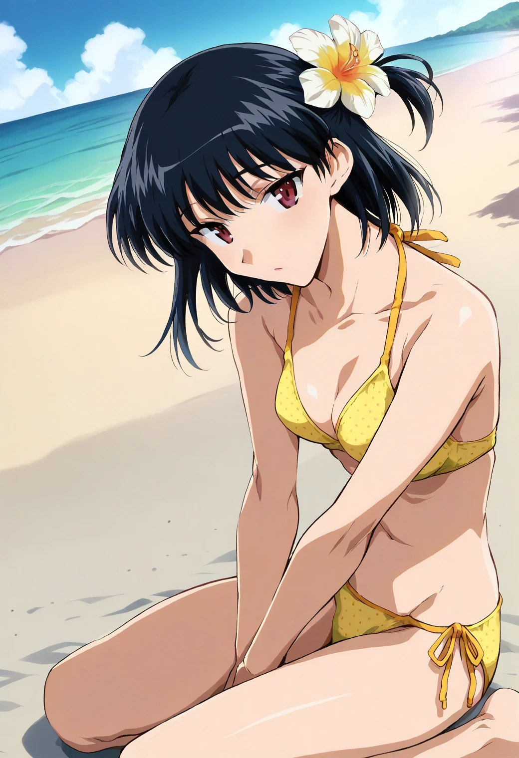 1girl, <lora:tsukamoto_yakumo_ponyxl_DoRA_v4:1>, tyakumo, alternate hairstyle, sidelocks, one side up, hair flower, yellow flower, yellow bikini, day, long legs, polka dot bikini, side-tie bikini bottom, solo, looking at viewer, looking to the side, sitting, wariza, kneeling, parted lips, head tilt, from side, arms between legs, between legs, hand between legs,
blue sky, cloudy sky, beach, sea,
score_9, score_8_up, score_7_up, score_6_up, anime coloring