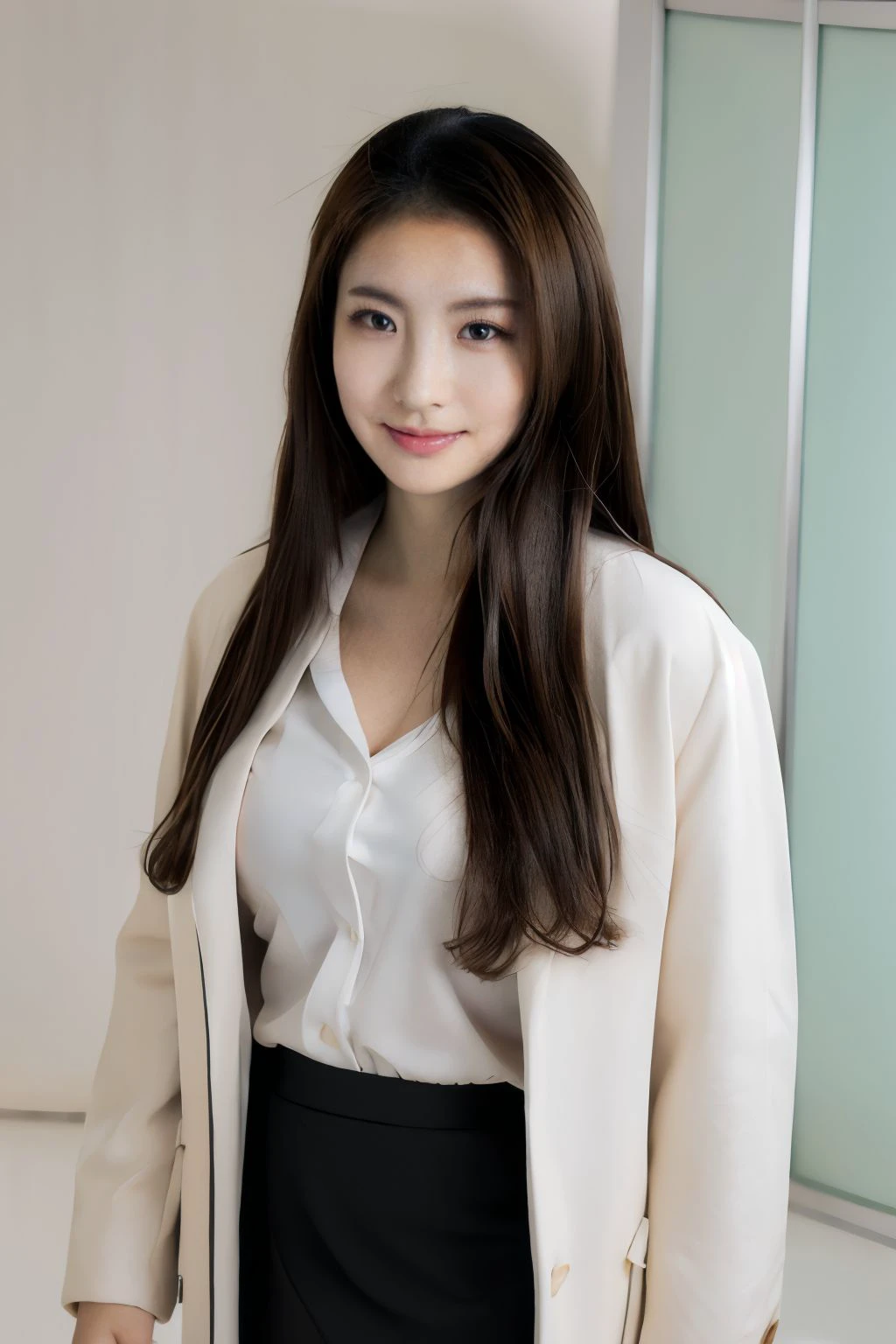 1girl, solo, large breasts, looking at viewer, realistic, photorealistic, lips, brown hair, smile, long hair, black eyes, brown eyes, closed mouth,, hyper detailed, super sharp, crisp, smooth, smooth gradients, depth of field, (in studio: 1.1), (white background: 1.1), <lora:jenny:1> , <lora:breastsizeslideroffset:-0.2>, <lora:skin_slider_v2_1_FACE:0.5>, <lora:add_detail_v5:1>, (office suit, black coat, skirt) (sfw)