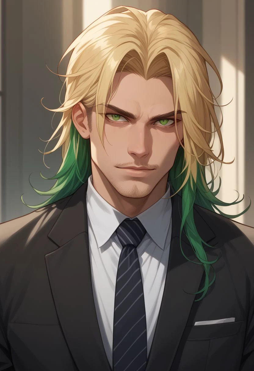 niji comix style, 1boy, male focus, solo, necktie, green hair, green eyes, facial hair, multicolored hair, long hair, jacket, upper body, two-tone hair, blonde hair, looking at viewer, shirt, formal, comic art style, illustration PnyCmicPosXL
 zPDXL2