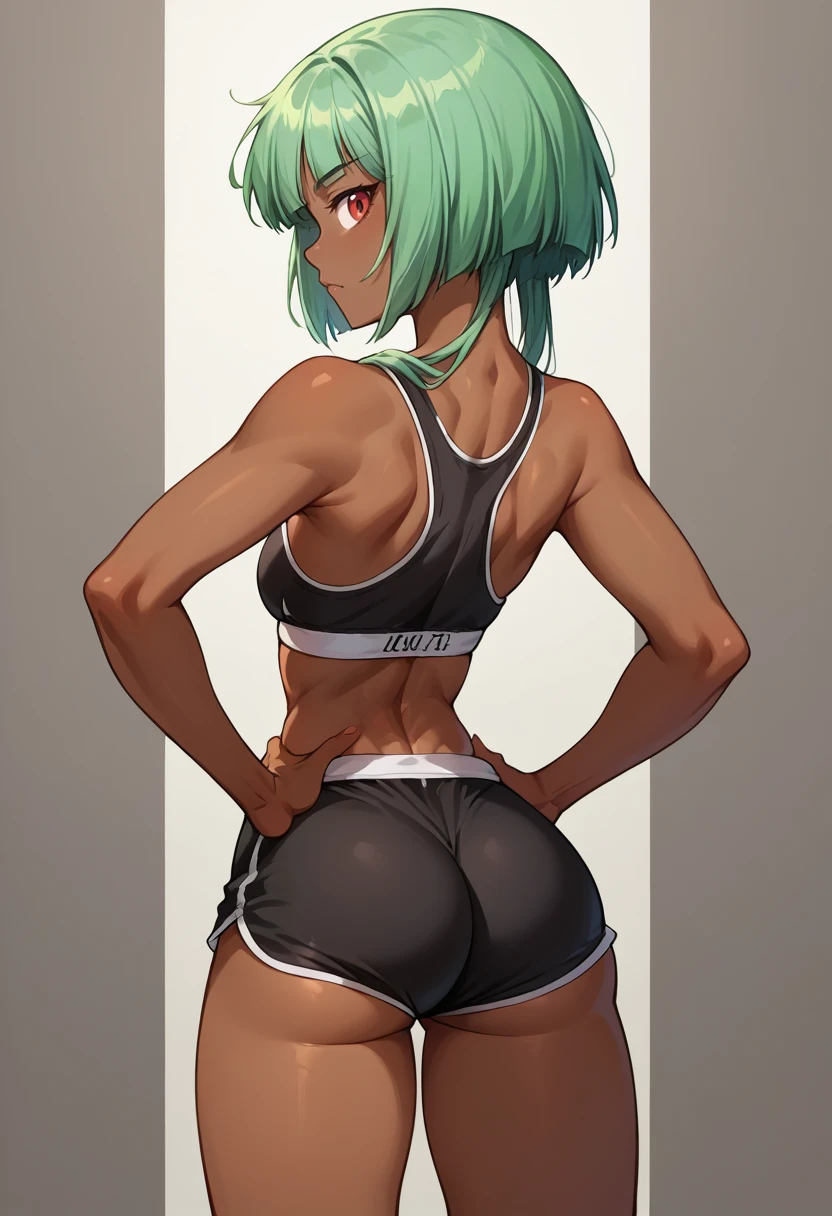 score_9, score_8_up, source_anime, 1girl, solo, EmeraldSustrai, dark skin, short hair with long locks, from behind, looking back, hands on hips, sports bra, black shorts, ass, <lora:ChamEmeraldSustraiPonyXL:1>