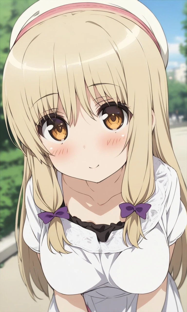 masterpiece, best quality, by ogipote, BREAK
solo, kujoufumi, big breasts,
dress, white dress, casual, hat,
looking at viewer, blush, happy,
outdoors,
<lora:KujouFumi_XL:1>