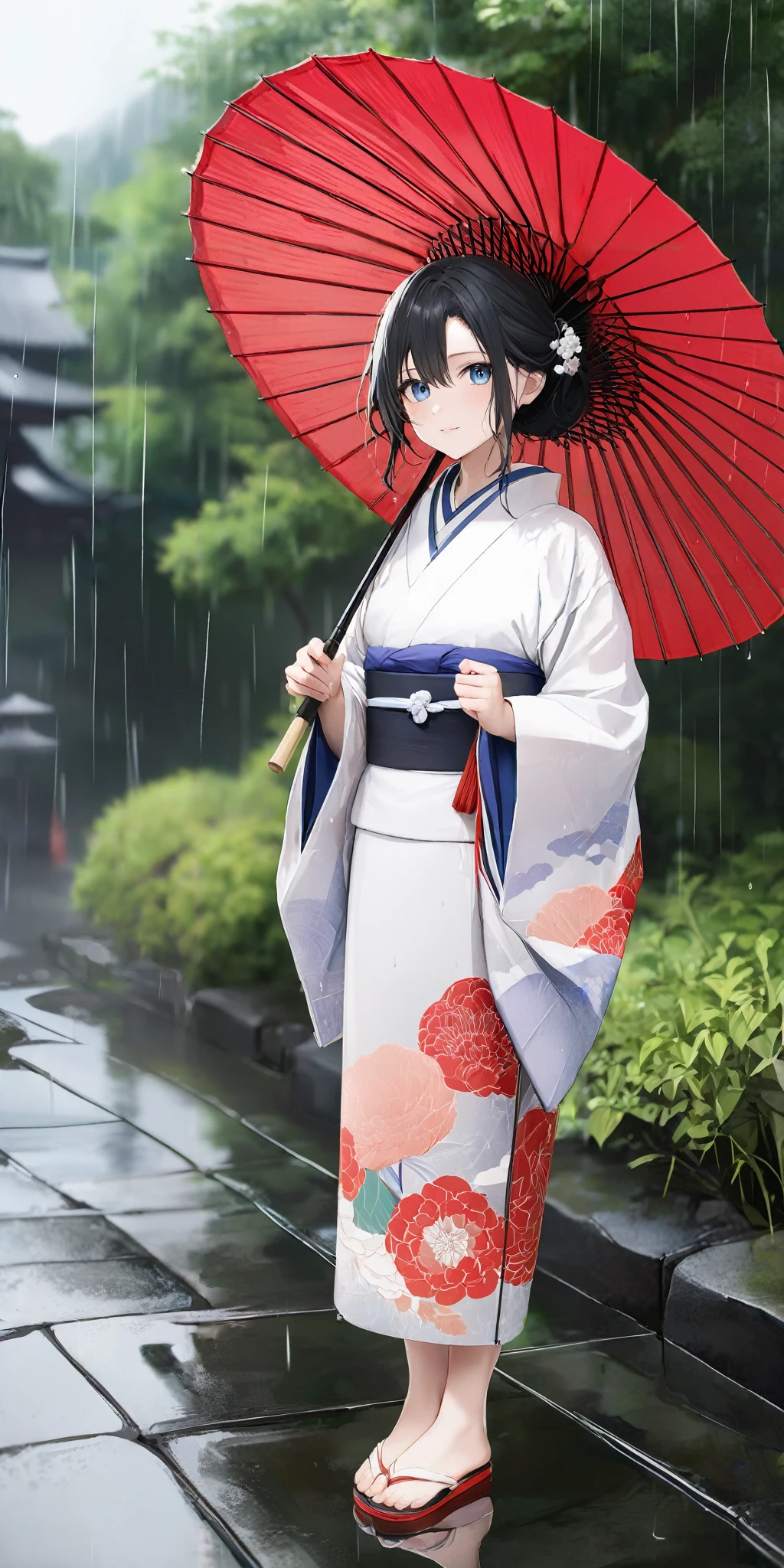 masterpiece,ultra-detailed,best quality,8K,illustration,cute face,clean skin ,shiny hair,girl,ultra-detailed-eyes,simple background, <lora:add-detail-xl:1> <lora:wagasa_XL_V1.1:0.6> wagasa, oil-paper umbrella,blue umbrella, japanese clothes,rain,outdoor,full body