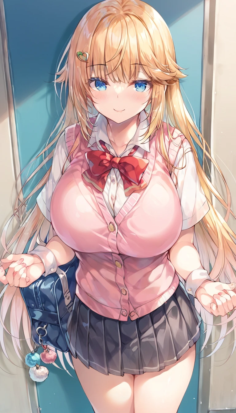 rebeccahawkins, green eyes, blonde hair, long hair, ahoge, bangs, glasses, school uniform, necktie, pink jacket, tight plaid skirt, tight skirt, short skirt,classroom,chair, sitting,smiling,embarrassed ,big tits,huge tits, large tits,show tits, visible tits:1.6, open school uniform,open clothes,open shirt,open jacket,(shirt lift:1.6),show tits, nipples,(( show nipples:1.5)),((show tits:1.5))
