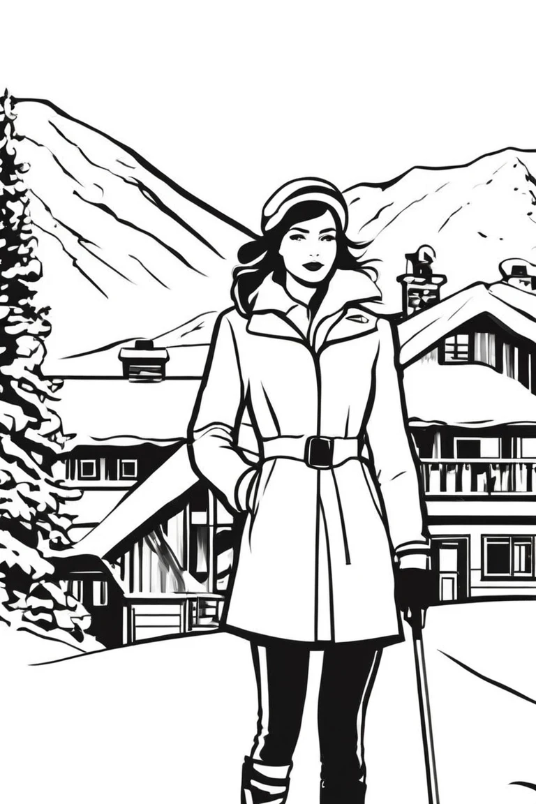 flvcil02 style <lora:style_02_bold_edge_l3-x_flvcil02_style:1>, woman cluseup standing,
sailor, elegant,
Snowy mountain lodge and ski slopes,
high quality, masterpiece, highres,